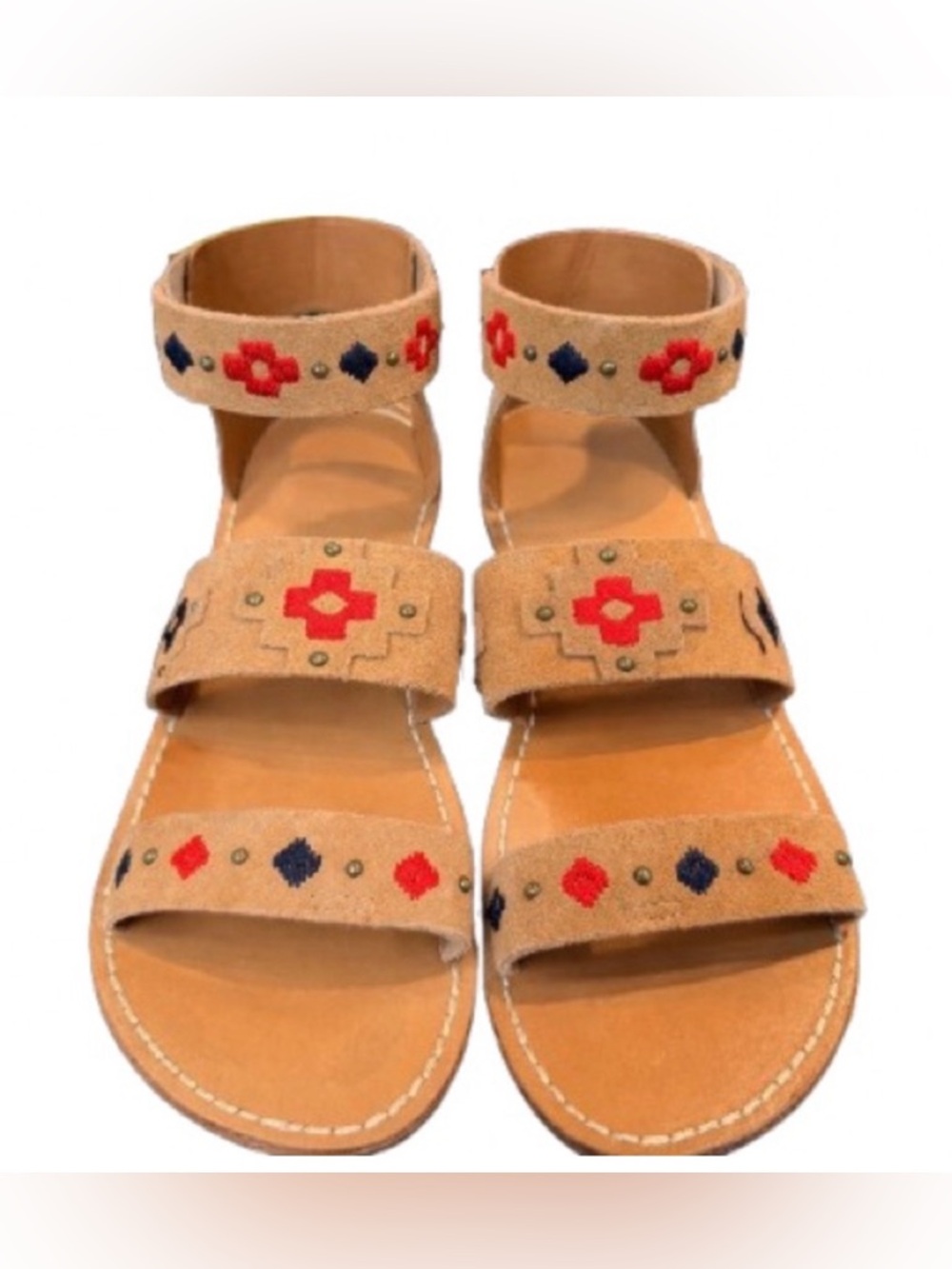 Soludos Suede Embroidered Gladiator Sandals Boho Luxe Southwestern Tan Size 6